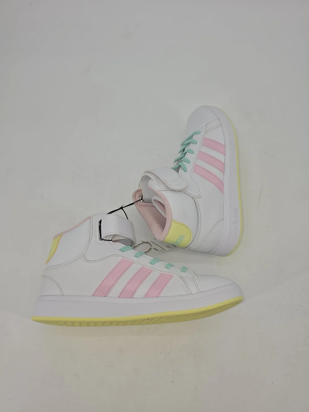 Adidas High-Top Sneakers in White with Pink Stripes and Mint Laces Y 5.5 W 7.5